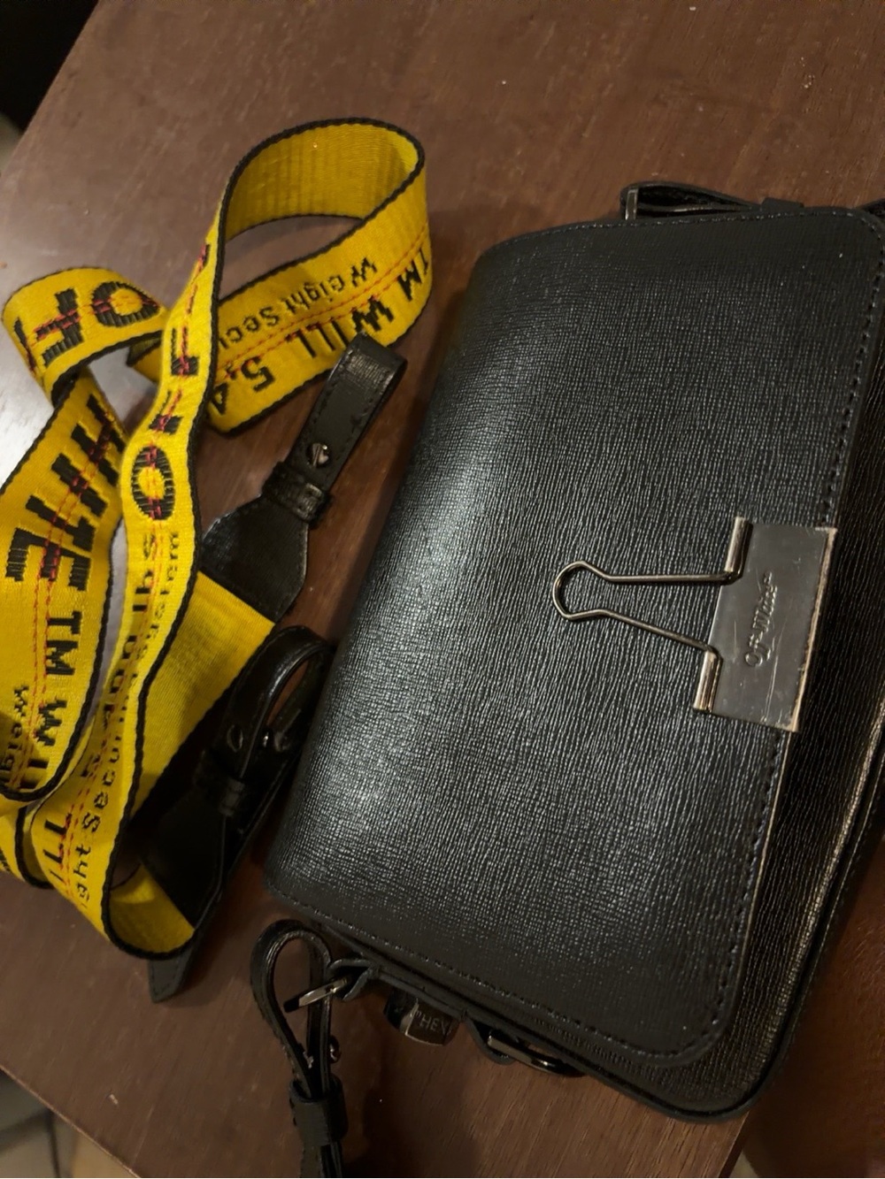 Off-White Black Crossbody Bag with Yellow Webbing Strap